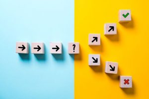 Wooden blocks with arrows printed on them are laid side by side. These arrows point toward a blow with a question mark on it. From there, additional block with arrows split in two directions. One set points to a check mark. The other points to an X.